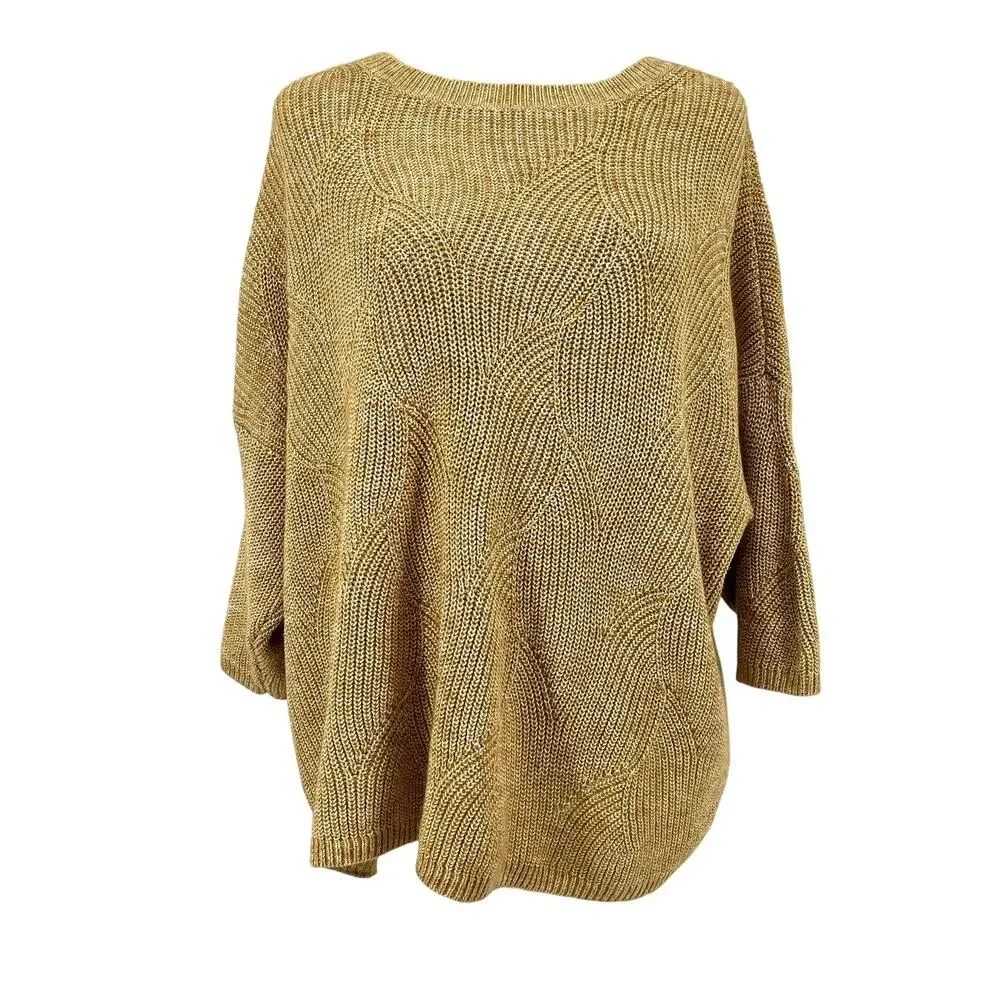 J. Jill Women’s XLP Camel Cotton Blend Crew Neck Swirl Knit Short Sleeve Sweater